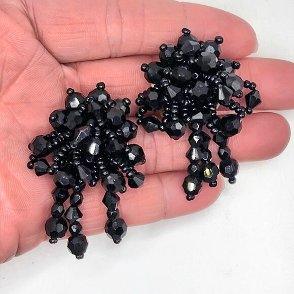 VTG LOIS ANN Black Faceted Cluster Clip-on Earrings Special Occasion - Picture 2 of 5